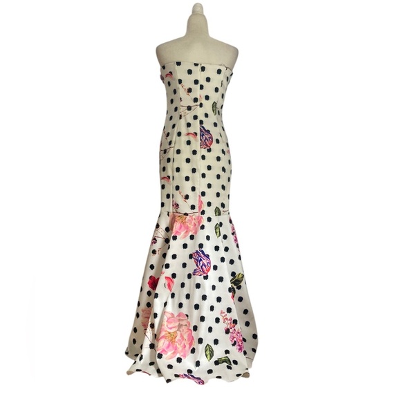 Marchesa Notte Strapless Black Polka Dot Gown Pink Floral - Picture 15 of 16